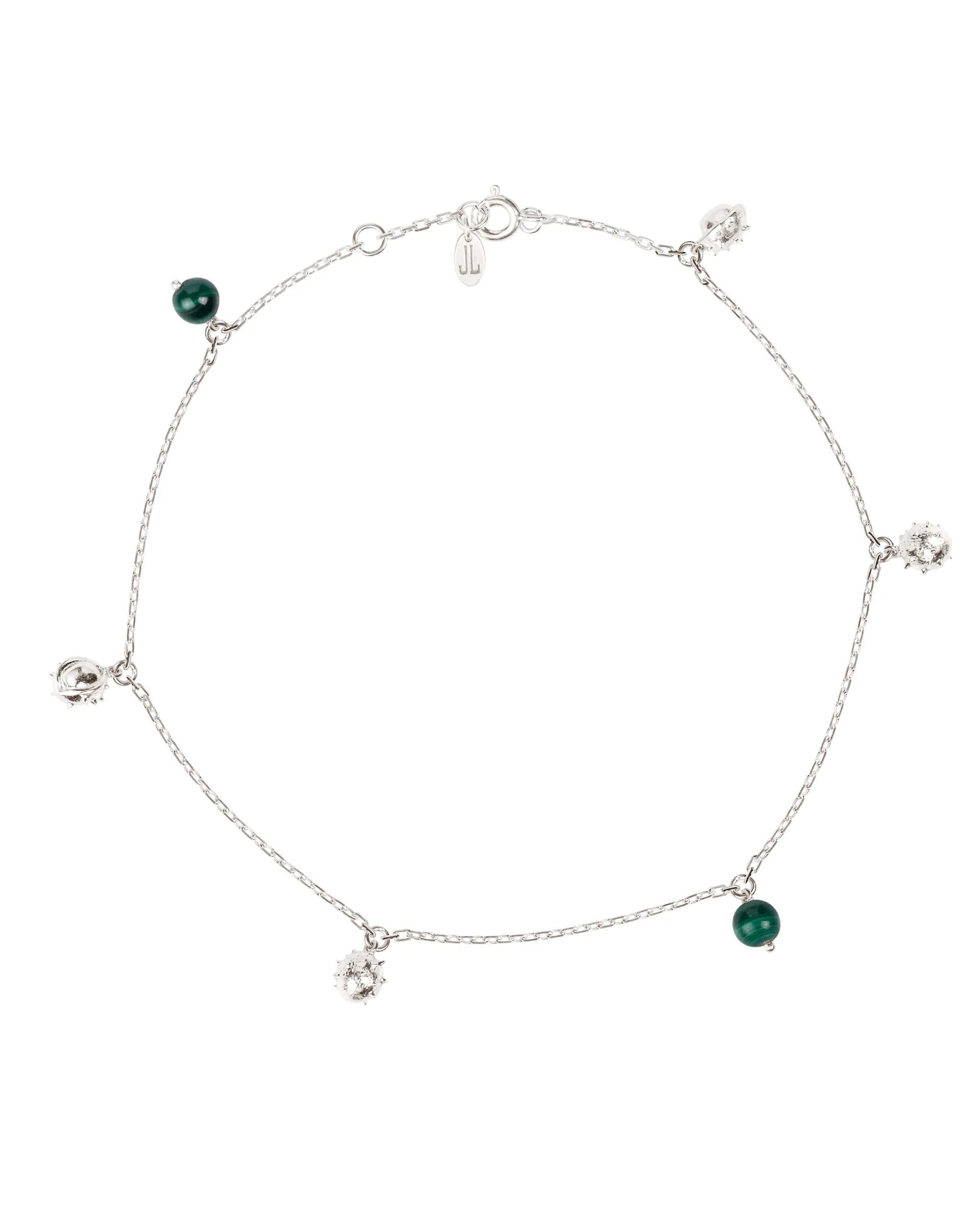 K09s Anklet with six chestnuts made of 925° silver and malachite / length 23.5-25.5 cm