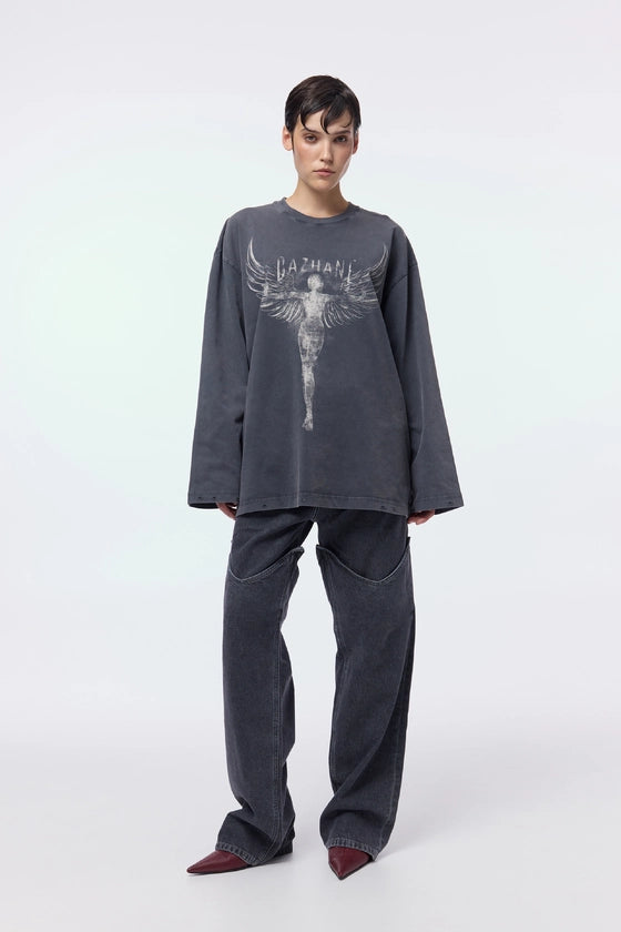 Vintage-style long-sleeve shirt with "Angel" print