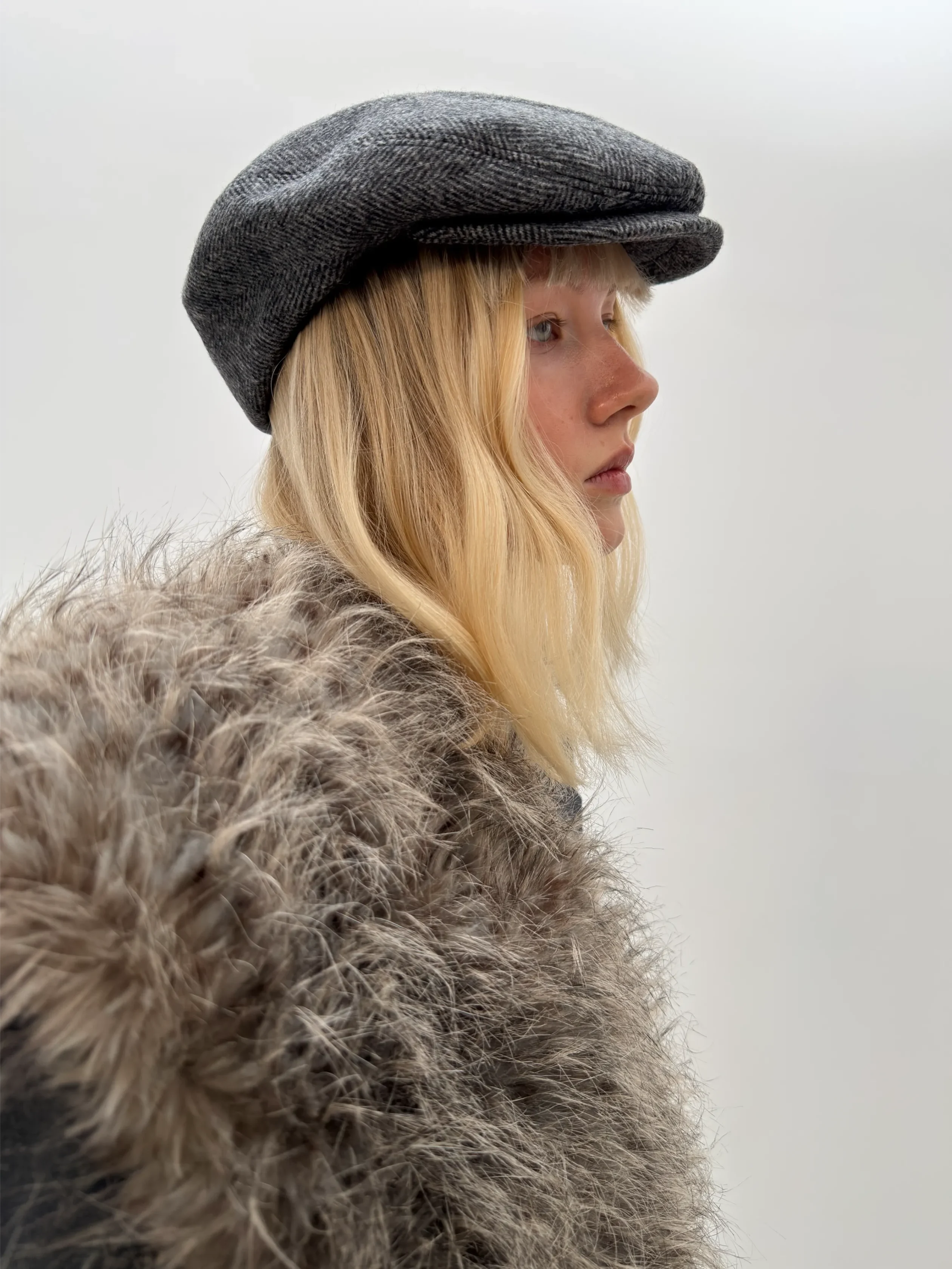 Flat Wool Cap – Grey Herringbone