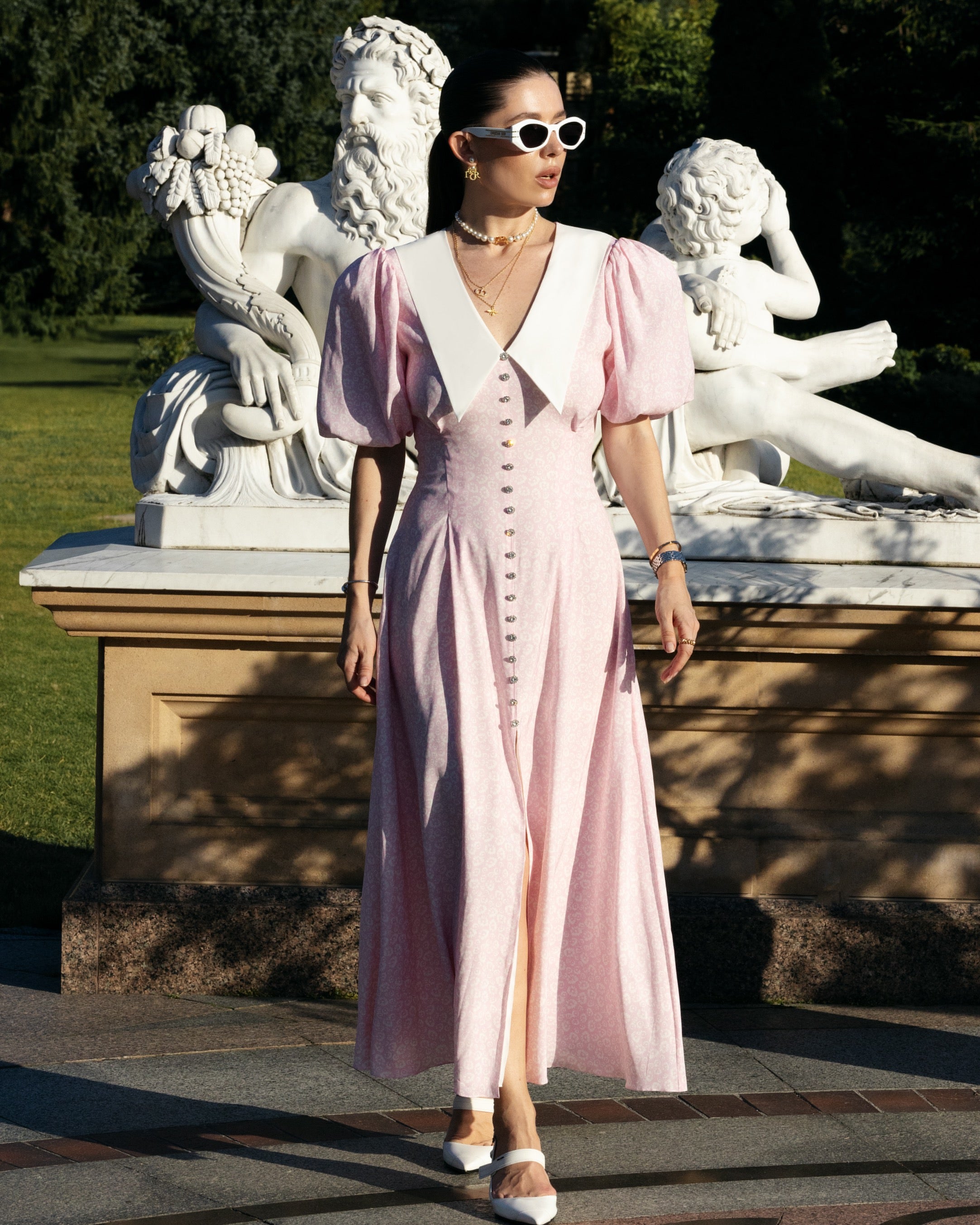 Silk pink midi dress with a white collar
