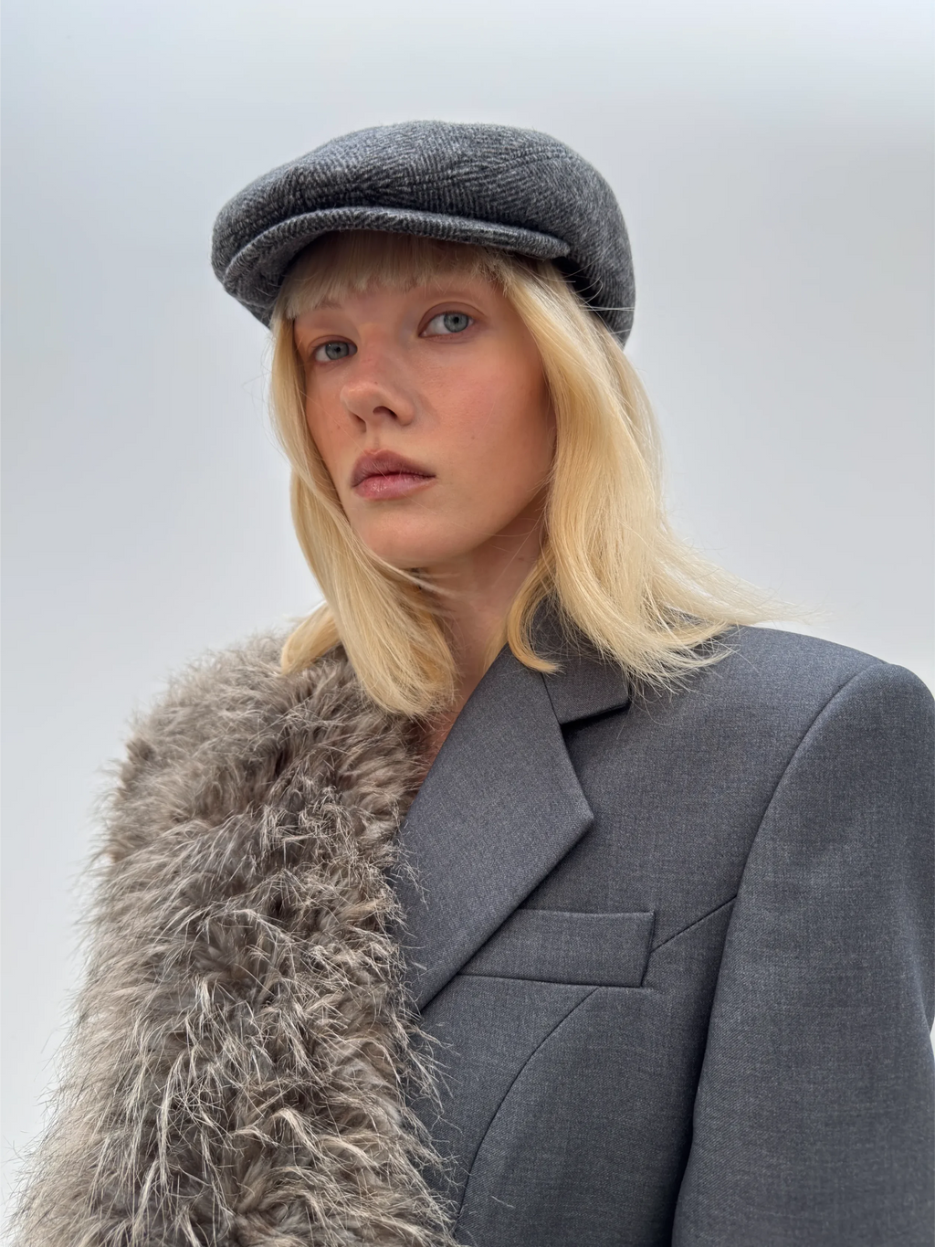 Flat Wool Cap – Grey Herringbone