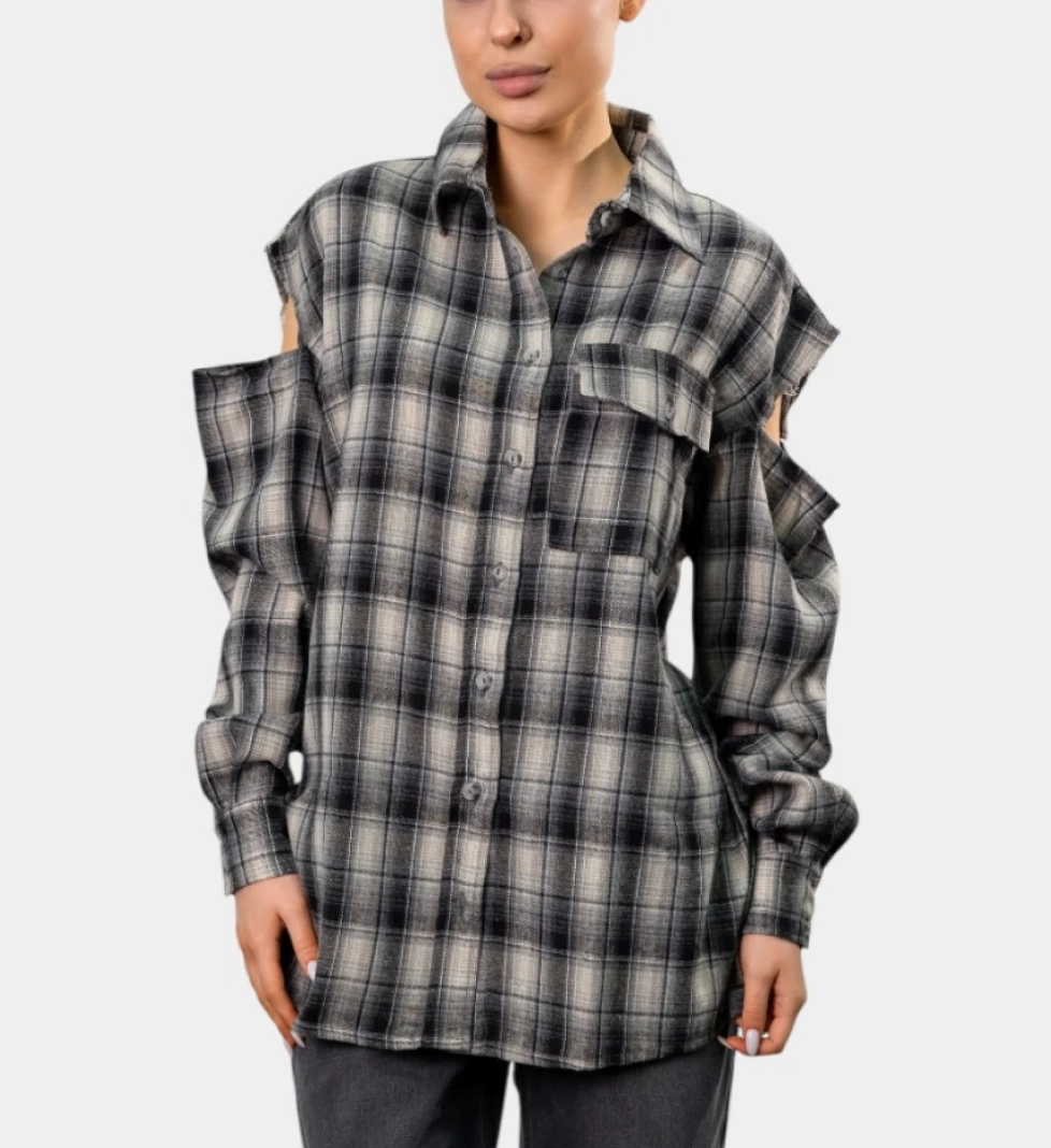 Сорочка BLAZH' картата оверсайз Cut Off Shoulders black and white