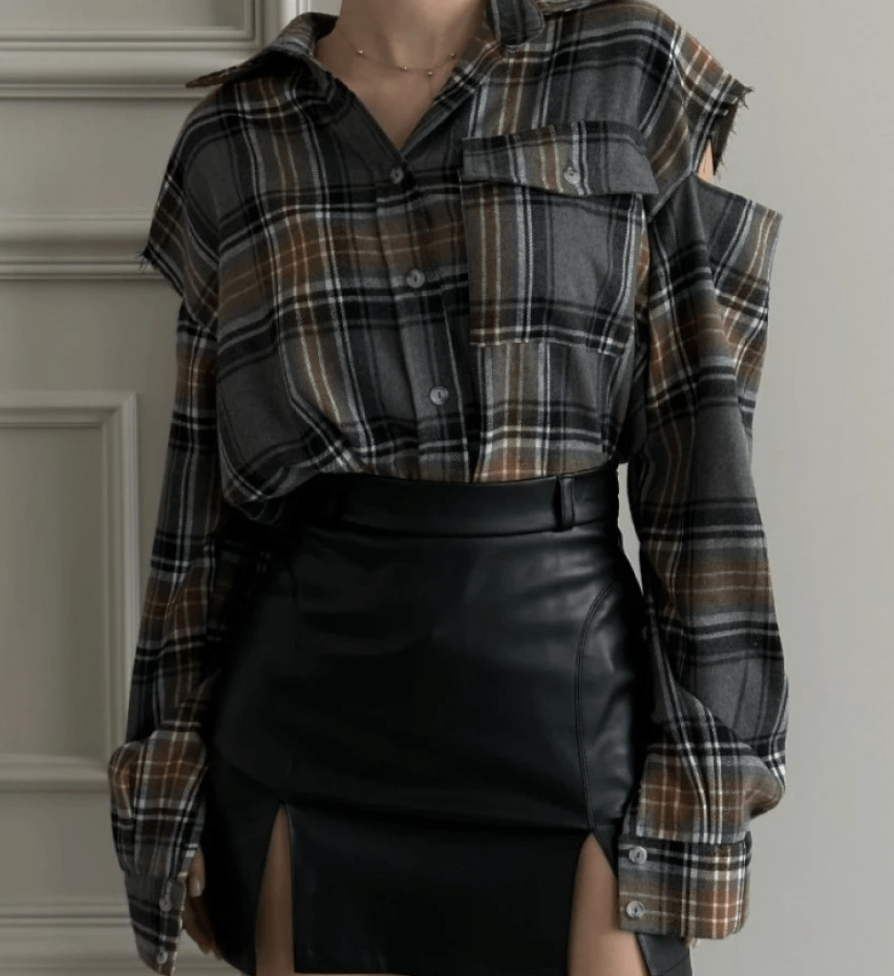 Сорочка BLAZH' картата оверсайз Cut Off Shoulders grey