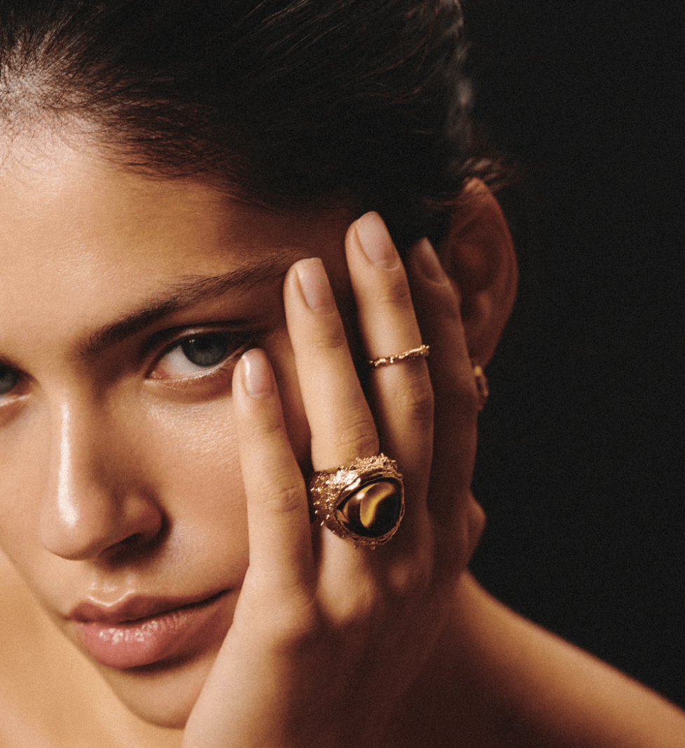 K13 Перстень JEWERLY LAB Каштан з латуні покритий 24 каратною позолотою та плодом з тигрового ока / тигрове око 22.86 кт