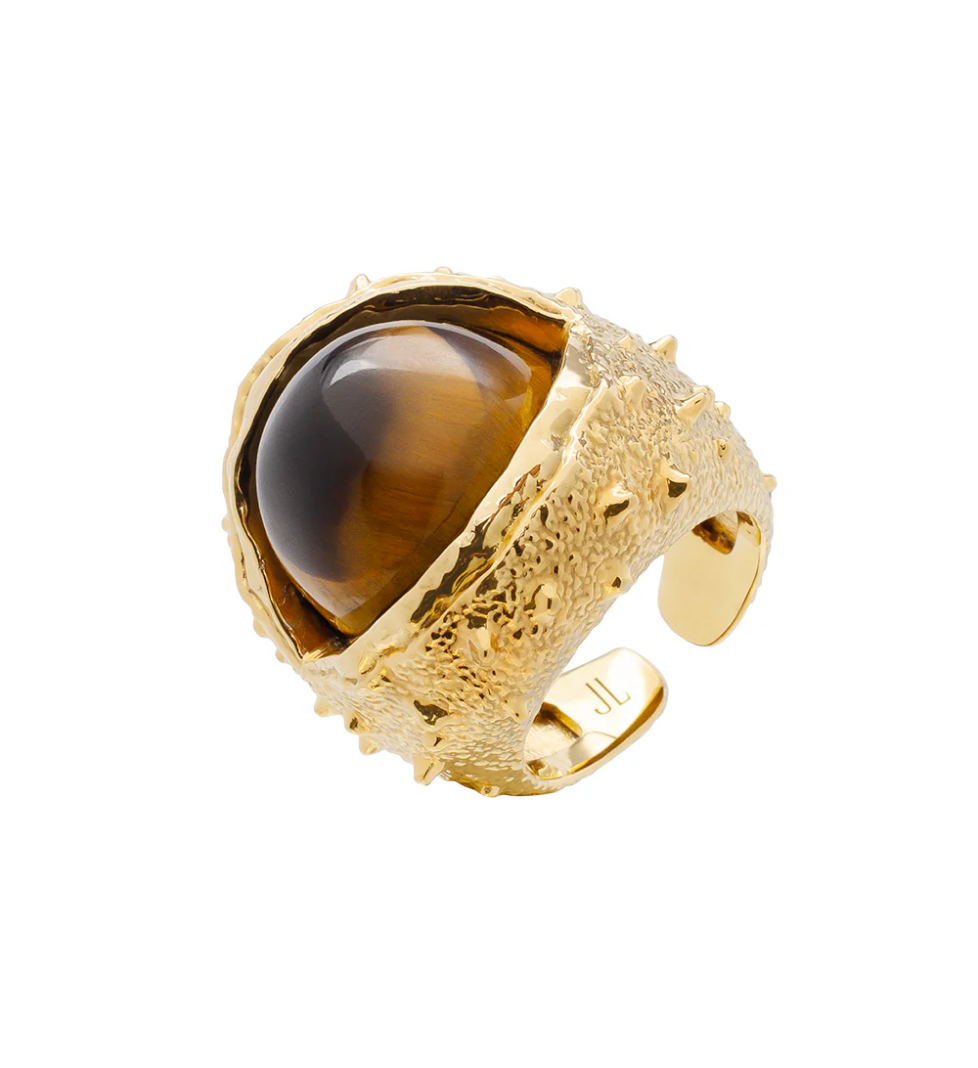 K13 Перстень JEWERLY LAB Каштан з латуні покритий 24 каратною позолотою та плодом з тигрового ока / тигрове око 22.86 кт