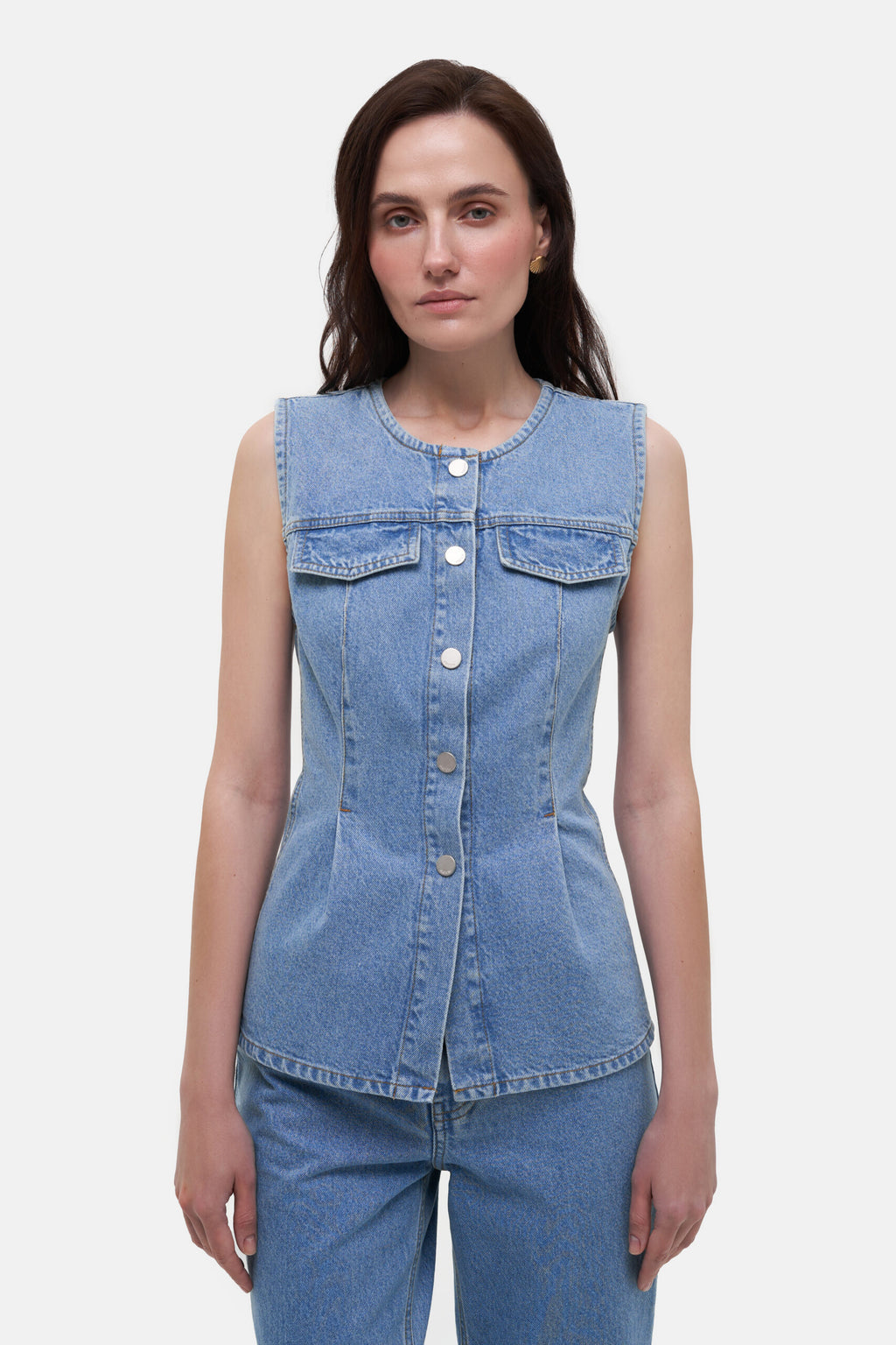 Denim Vest with Pockets - фото 2