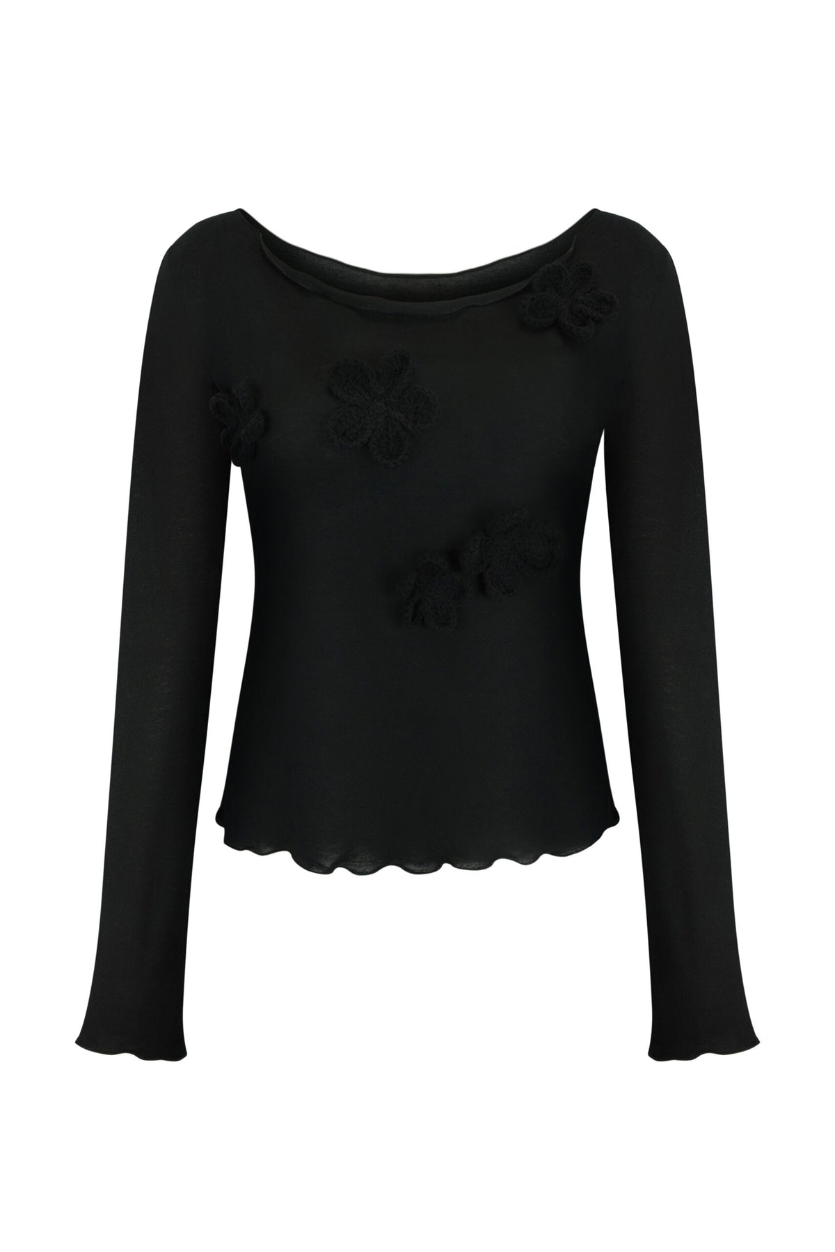 Black Blouse with Crochet Flowers - фото 5