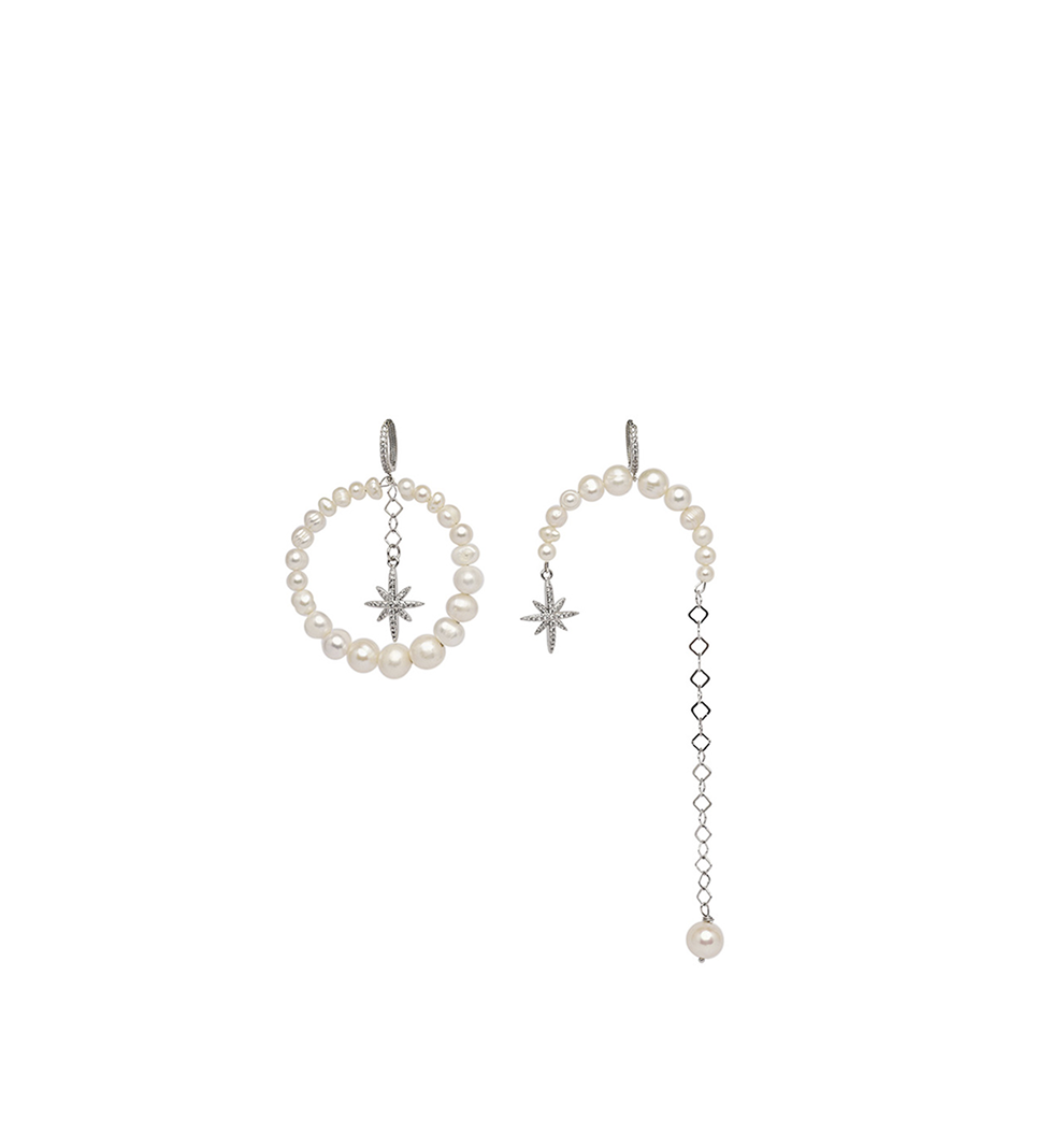 Сережки Grains De Verre "MORNING STAR" асиметричні з перлами Silver