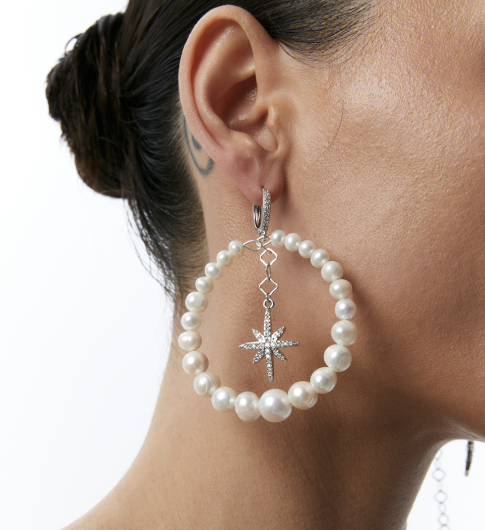 Сережки Grains De Verre "MORNING STAR" асиметричні з перлами Silver
