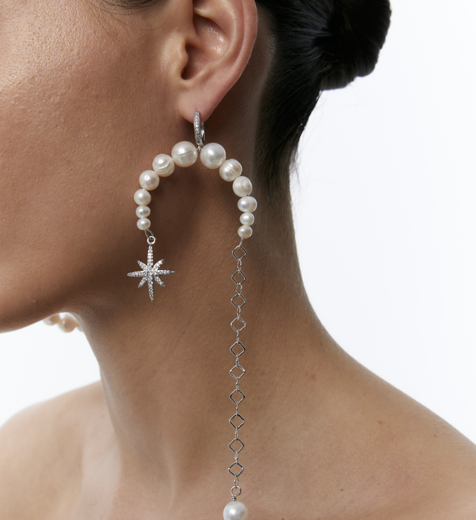Сережки Grains De Verre "MORNING STAR" асиметричні з перлами Silver