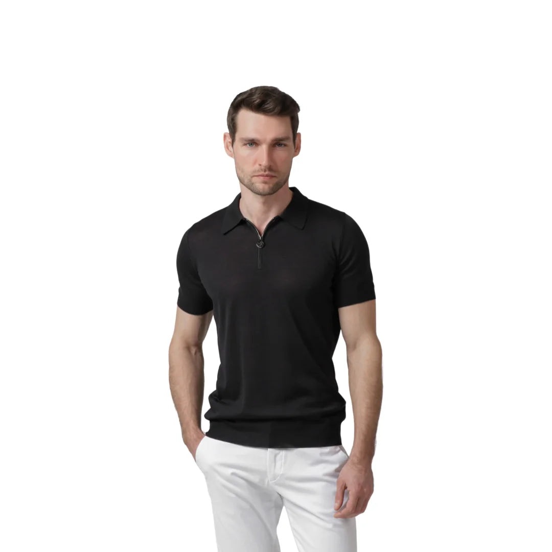 Short-sleeved zip-up polo shirt