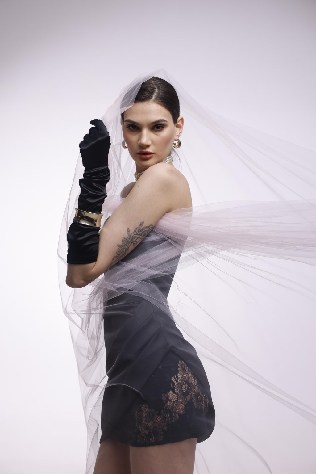 SATIN MINI DRESS WITH LACE BLACK