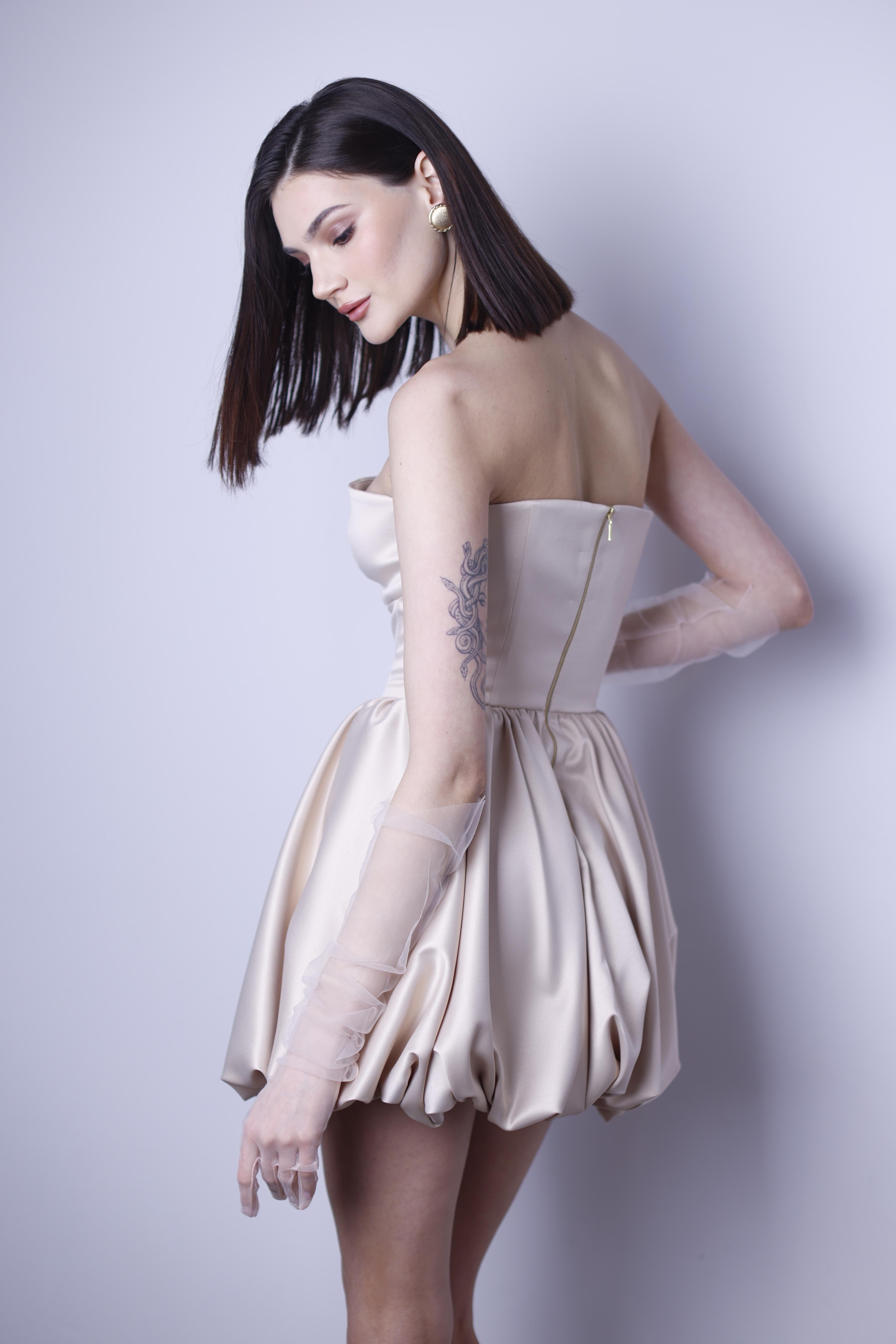 SATIN DRESS SUN FLARE MINI BEIGE