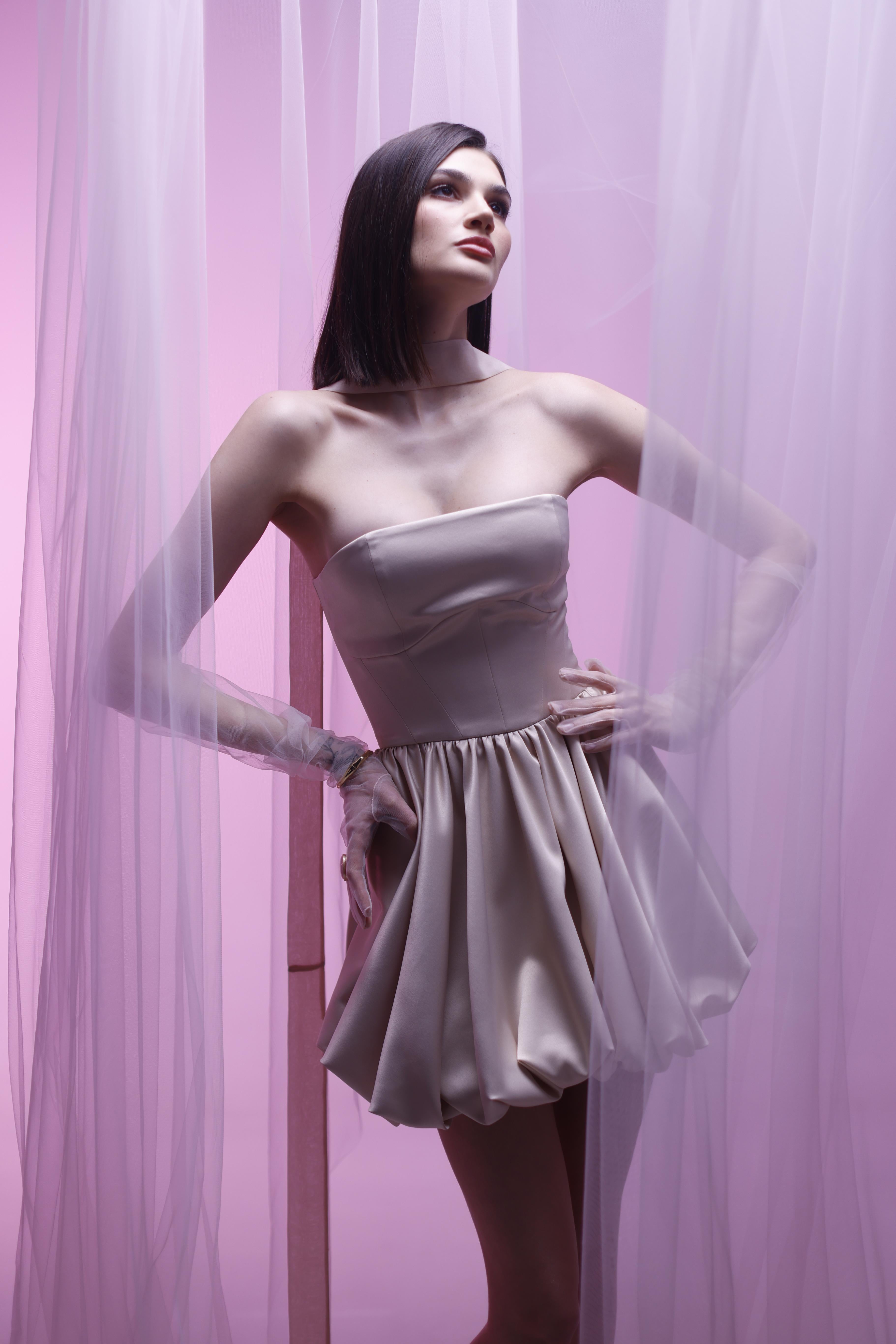 SATIN DRESS SUN FLARE MINI BEIGE