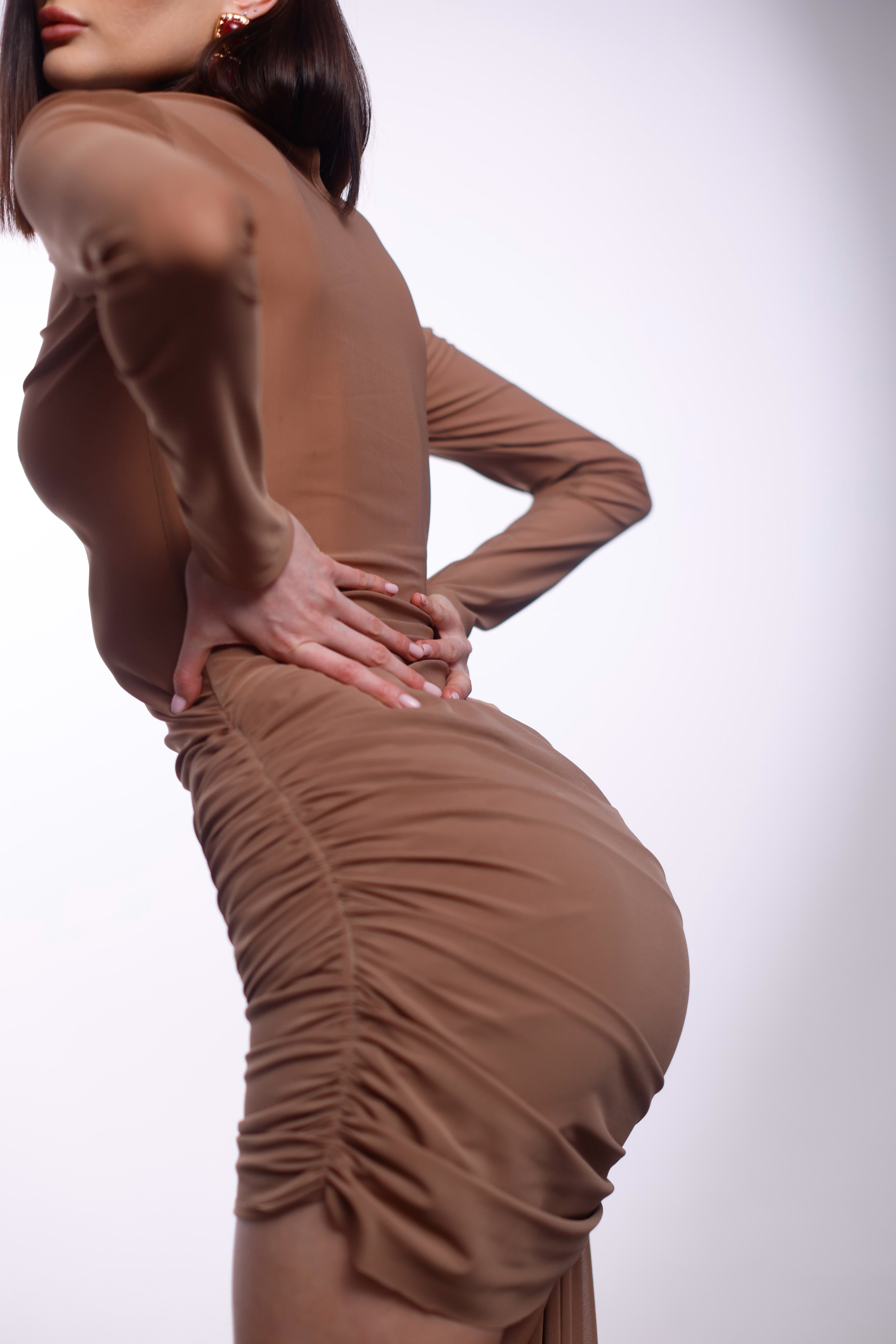 MESH  ASYMMETRIC DRAPED MINI DRESS BEIGE