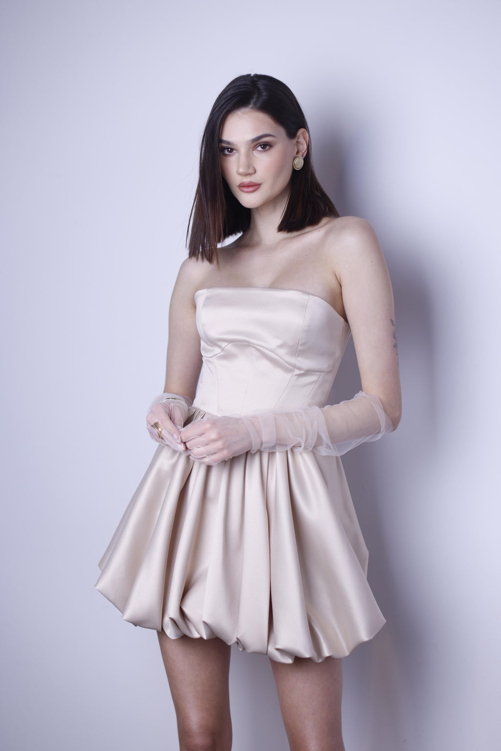 SATIN DRESS SUN FLARE MINI BEIGE