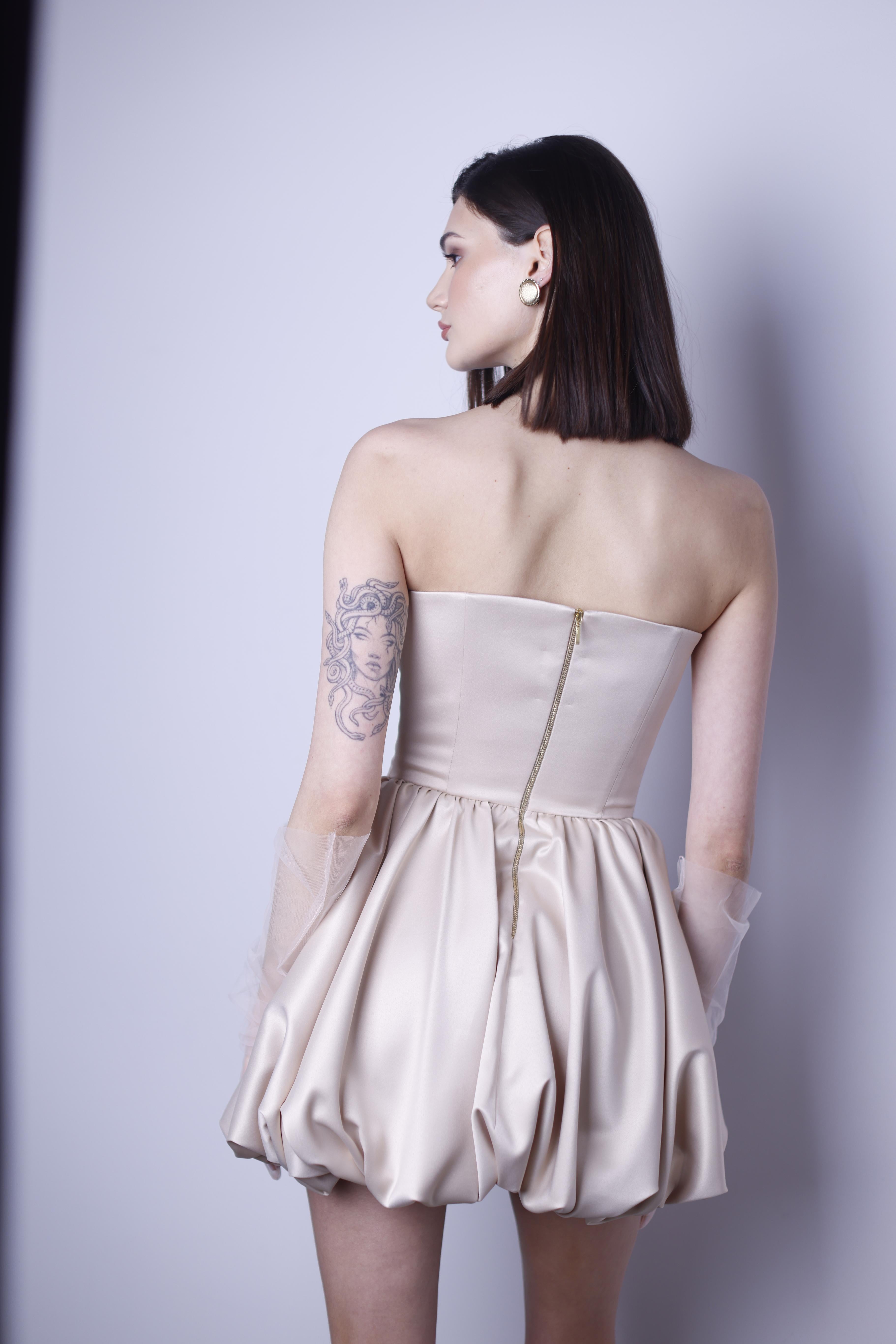 SATIN DRESS SUN FLARE MINI BEIGE