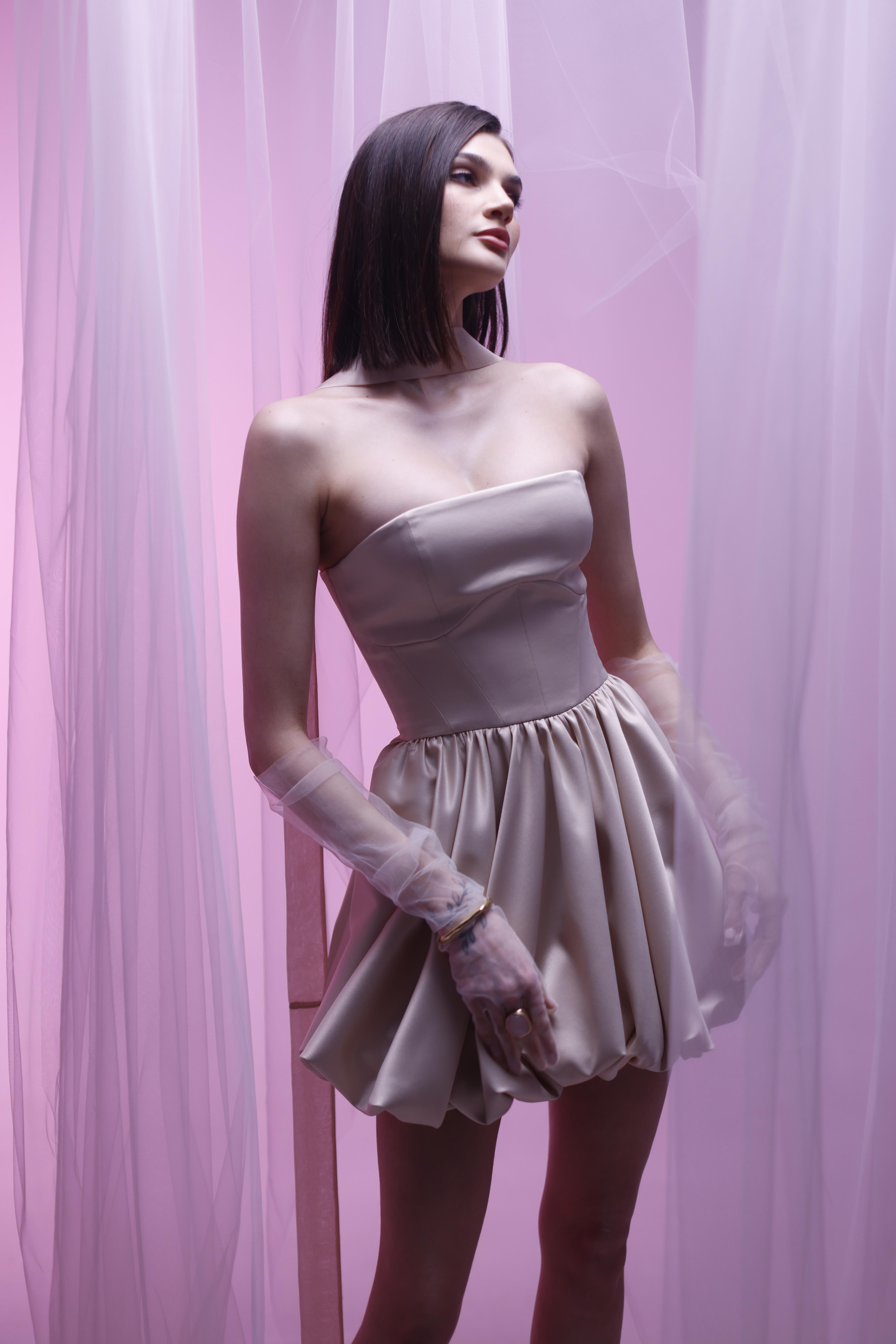 SATIN DRESS SUN FLARE MINI BEIGE