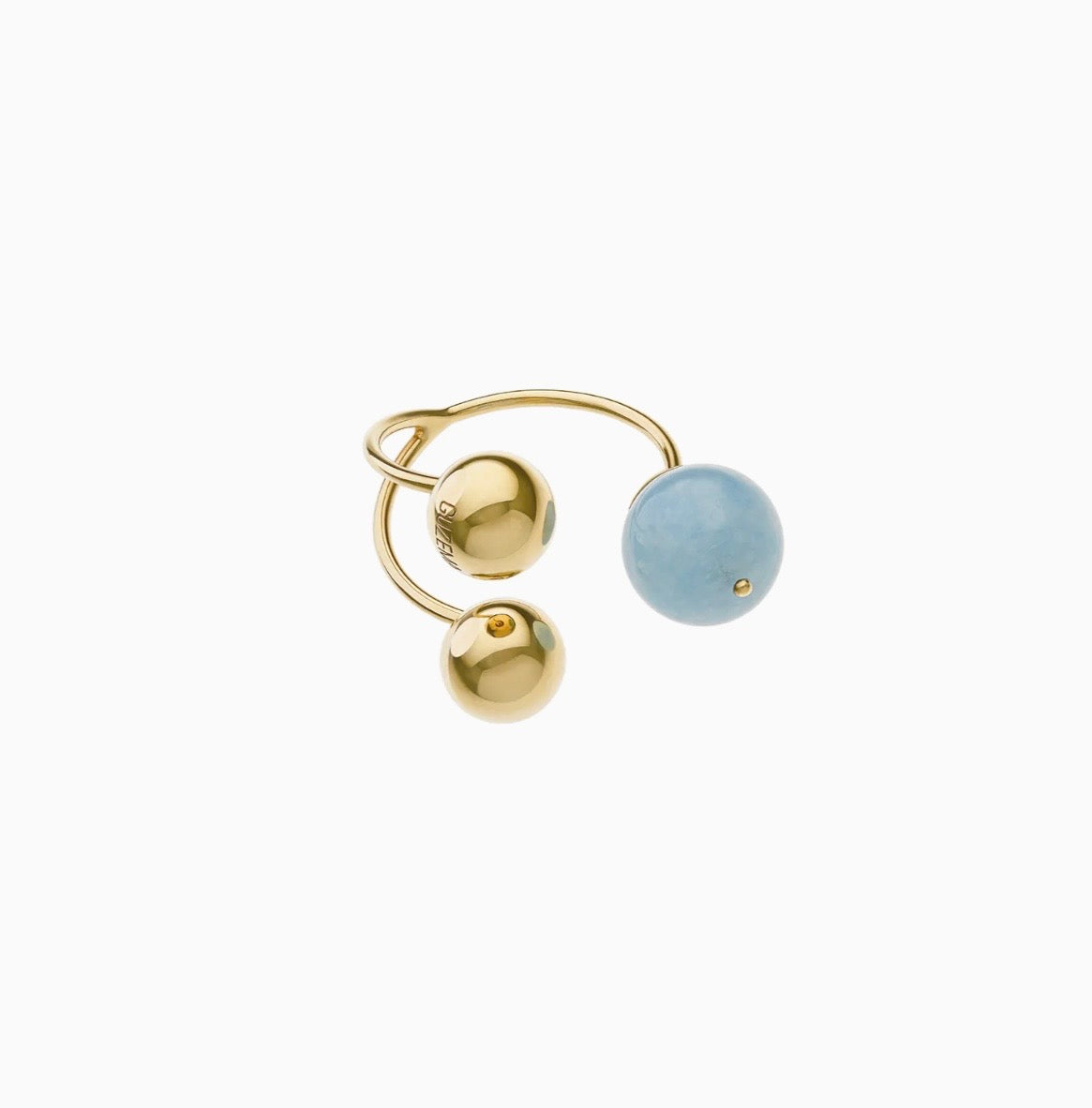 Ring with two gold and one aquamarine spheres, yellow gold