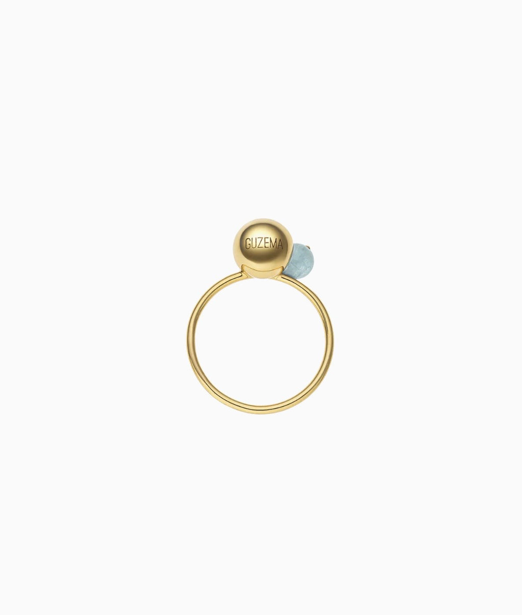 Ring with gold and aquamarine balls (8 mm and 5 mm), yellow gold