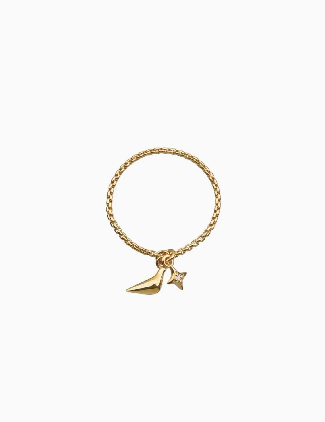 Dove and star ring with diamond, yellow gold