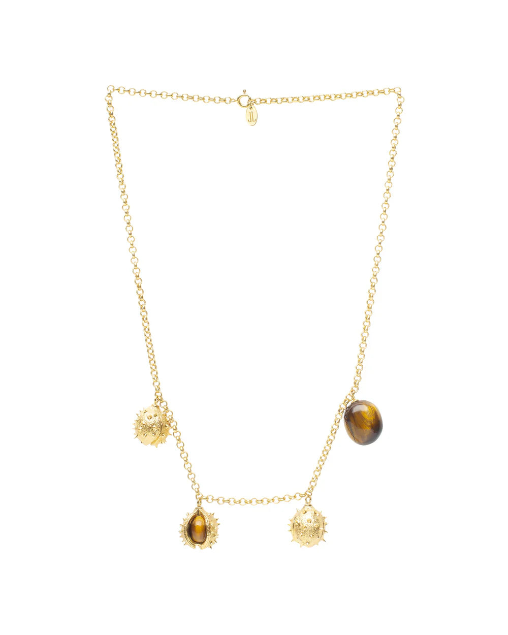 K26 Necklace with four different chestnuts with a diameter of 15 millimeters with brass covered with 24 carat gold plating and tiger's eye weighing 18 carats / roller weaving chain / length 46 cm