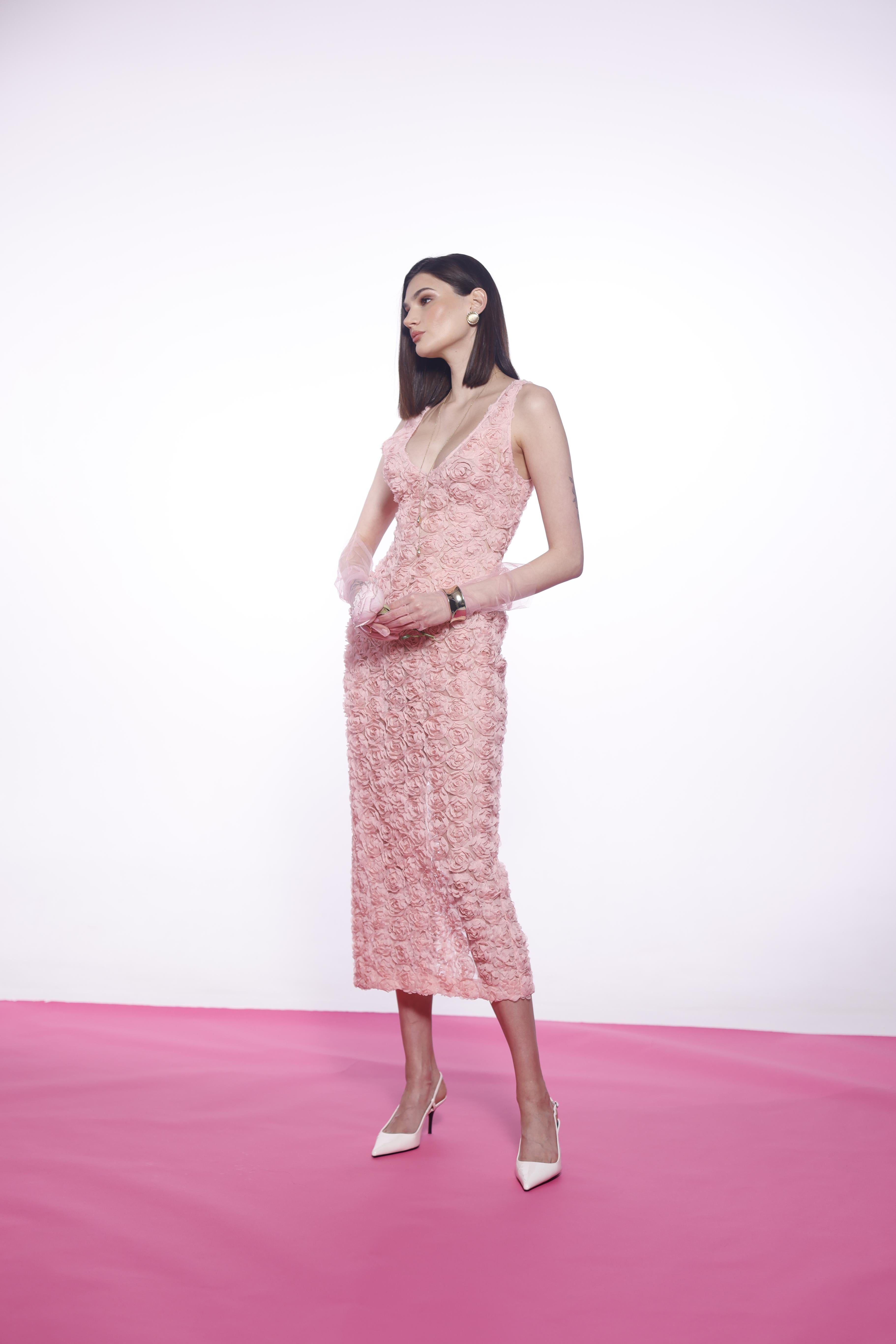 FLOWER EMBROIDERED TULLE DRESS PASTEL PINK