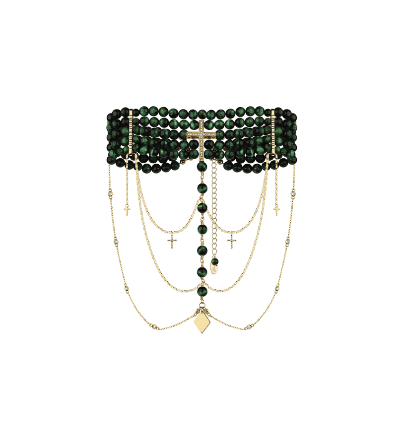 Grains De Verre "INNOCENT" Necklace Dark Green With Silver