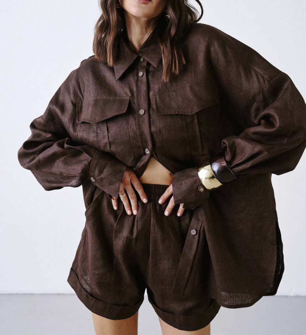 Лляні шорти MERISTRUSS на високій посадці коричневі