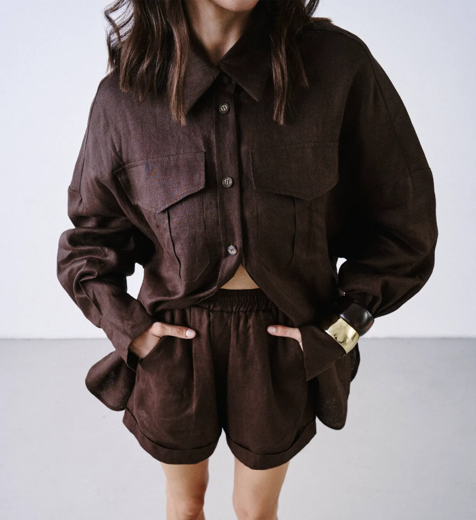 Лляні шорти MERISTRUSS на високій посадці коричневі