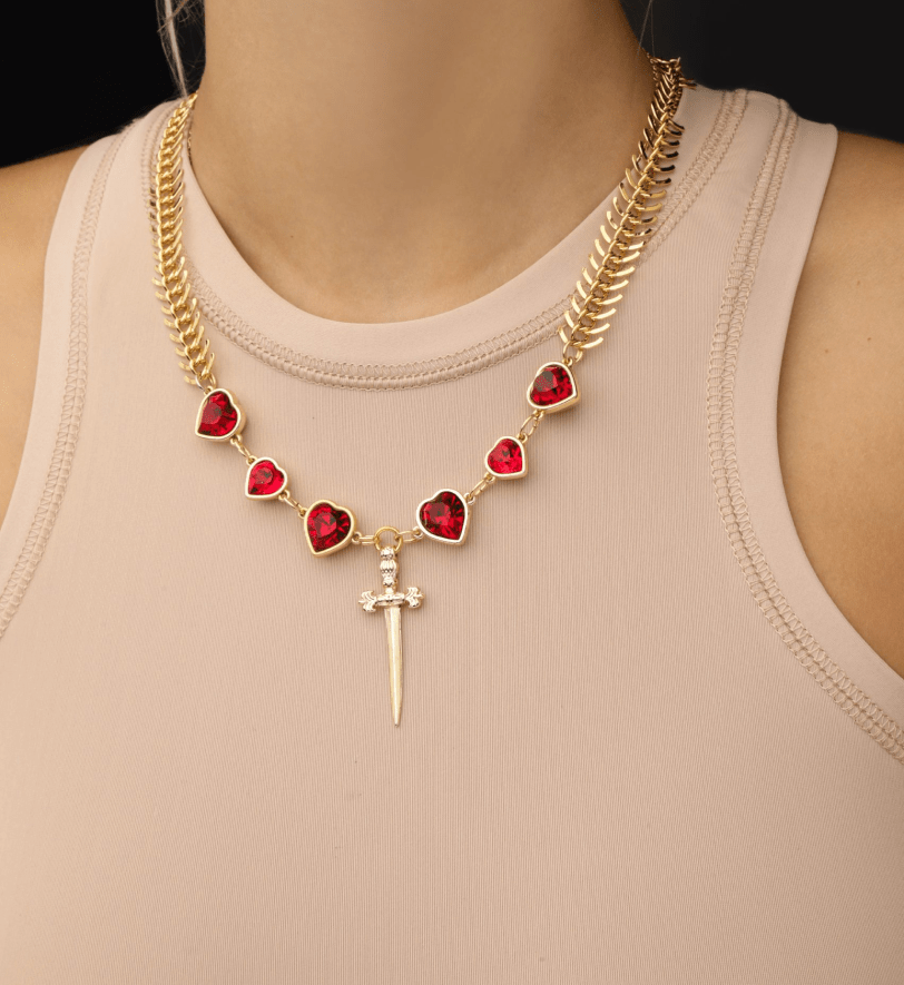Намисто Grains De Verre "SWORD AND HEARTS" Red Gold