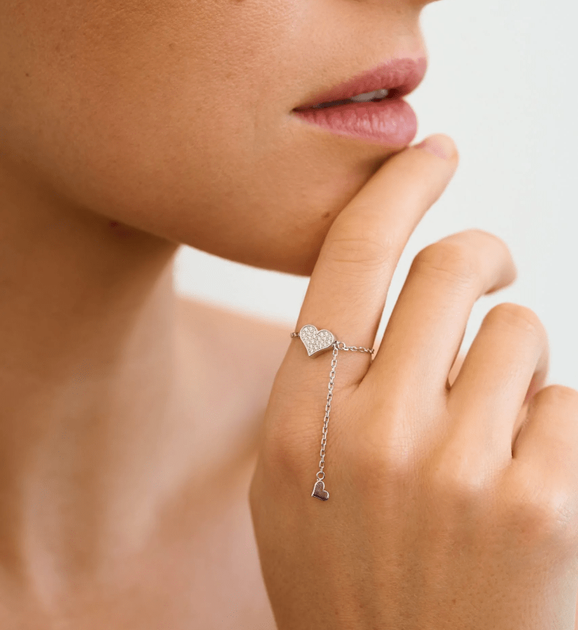 Каблучка-трансформер GUZEMA, серденько з діамантами на ланцюжку White Gold