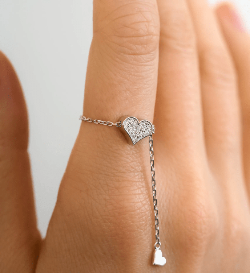 Каблучка-трансформер GUZEMA, серденько з діамантами на ланцюжку White Gold