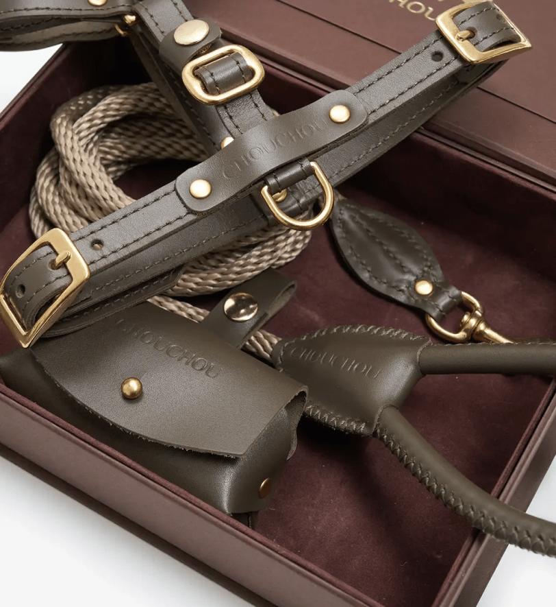 Комплект аксесуарів CHOUCHOU для собак (шлея+повідець+диспенсер) оливковий