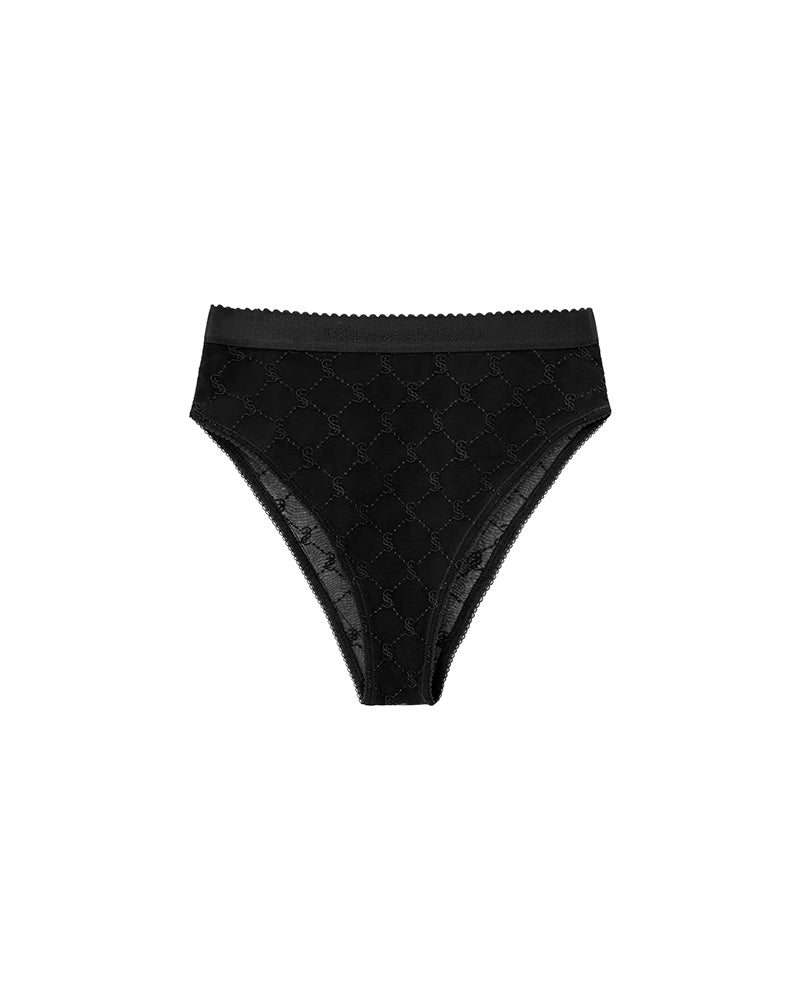EMBROIDERED LACE HIGH-WAISTED BRIEFS BLACK