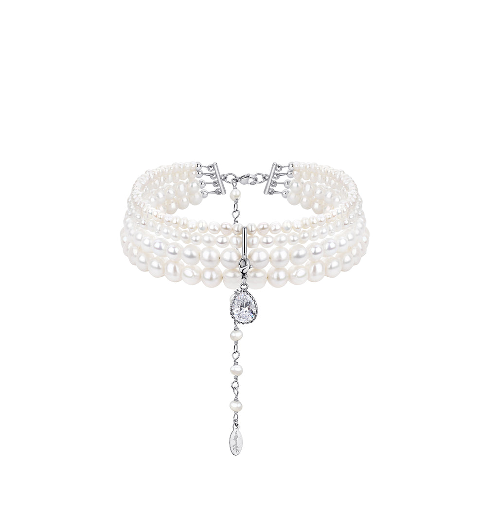 “PARIS” NATURAL PEARLS CHOKER WITH DROP PENDANT