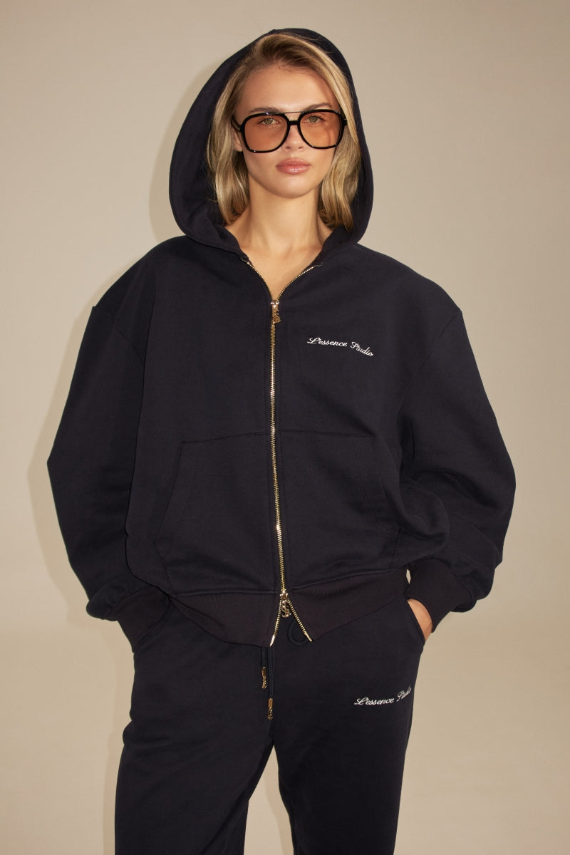 Signature Logo Embroidered Zip Hoodie - Black