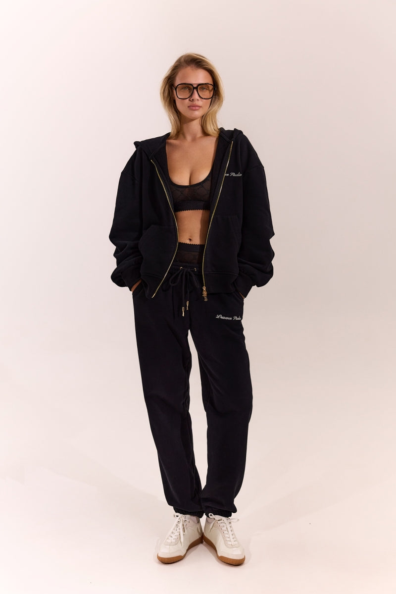 Signature Logo Embroidered Zip Hoodie - Black